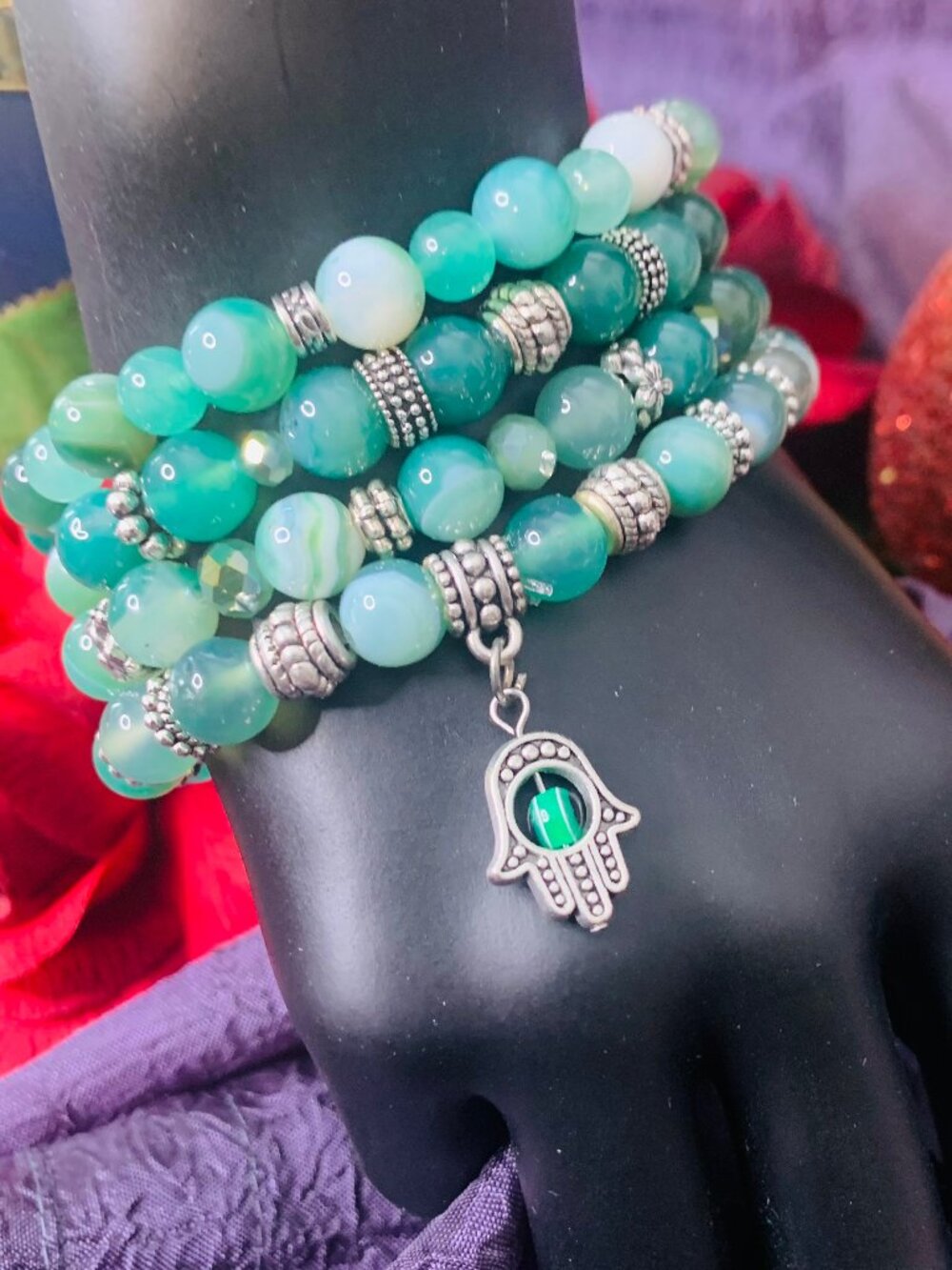 Evil Eye Hamsa Hand Charm, Green Striped Agate & Pewter Bead Bracelet Set